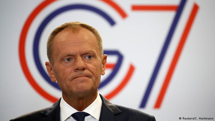European Council President Donald Tusk speaks during a news conference on the margins of the G7 summit in Biarritz, France