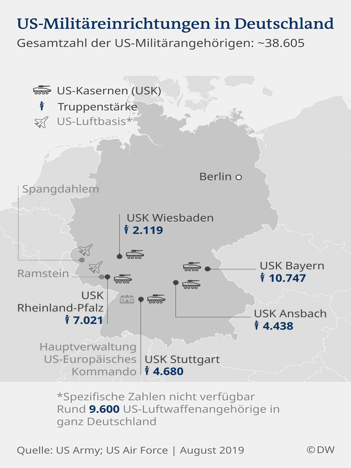 Karta sa rasporedom američkih vojnih baza u Nemačkoj iz 2019.