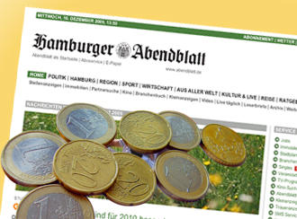 Euro coins on a screenshot of the Hamburger Abendblatt