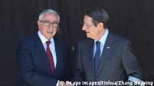 (190809) -- NICOSIA, Aug. 9, 2019 -- Greek Cypriot leader Nicos Anastasiades (R) meets with Turkish Cypriot leader Mustafa Akinci in Nicosia, Cyprus, Aug. 9, 2019. Leaders of the estranged Cypriot communities took a big step forward on Friday toward resuming peace negotiations, by agreeing to jointly meet with United Nations Secretary-General in September, after engaging in efforts to finalize the terms of reference for an effective dialogue. ) CYPRUS-NICOSIA-CYPRIOT COMMUNITY LEADERS-MEETING ZhangxBaoping PUBLICATIONxNOTxINxCHN