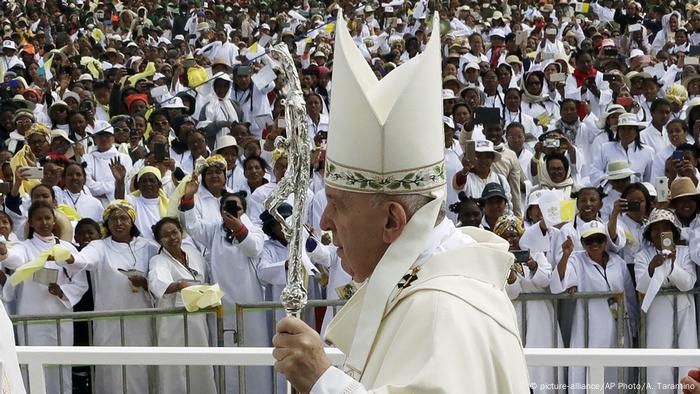 Pope Francis moving in front of a crowd in Antananarivo, Madagascar