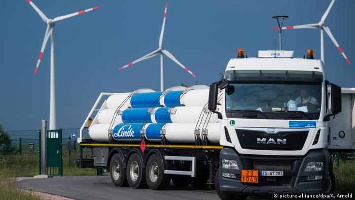 A truck carrying casks of hydrogen produced with wind energy at the eneregy park in Mainz, Germany