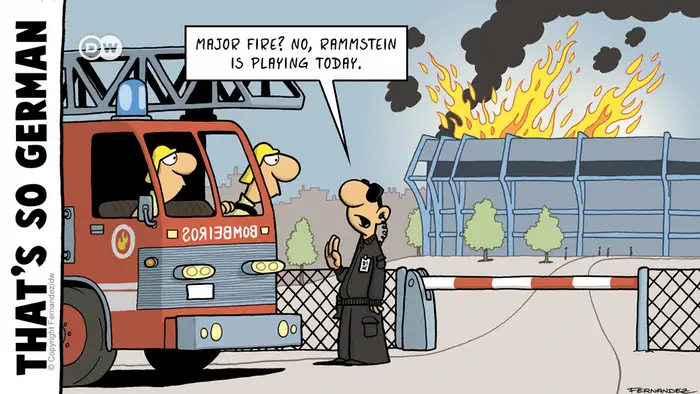 Comics by Fernandez with firefighters and security guard discussing a fire in a stadium 