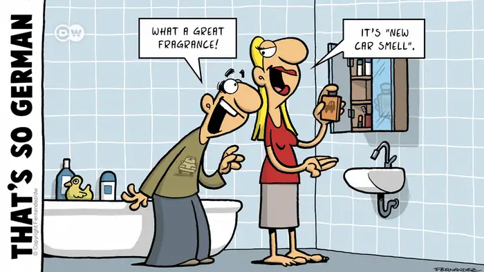 Fernandez cartoon showing a man and woman in a bathroom 
