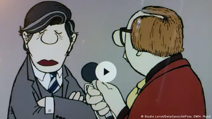 Filmszene von Loriot zeigt Helmut Schmidt als Karikatur im Interview mit einem Journalisten (Copyright: Studio Loriot/Detail)