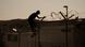 A refugee climbing down a fence A refugee climbing down a fence