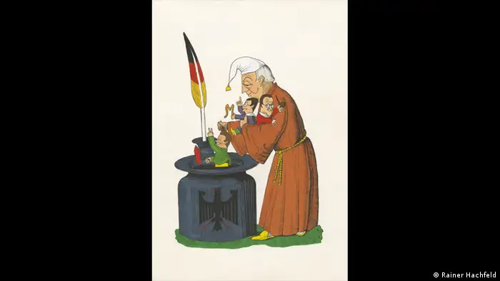 Karikatur: Kanzler Kiesinger tunkt seine politischen Gegner ins Tintenfass, aus: Zugespitzt. Kanzler in der Karikatur (Copyright: Rainer Hachfeld)