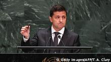 Ukraine President Volodymyr Zelensky speaks during the 74th Session of the General Assembly during the United Nations General Assembly September 25, 2019. (Photo by TIMOTHY A. CLARY / AFP) (Photo credit should read TIMOTHY A. CLARY/AFP/Getty Images)