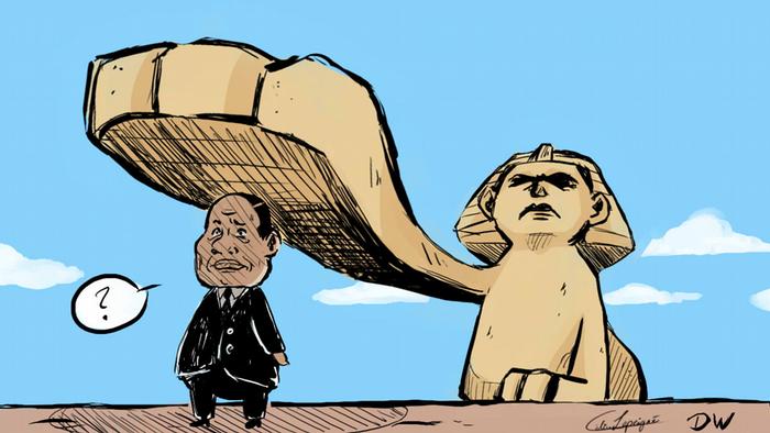 Caricature by Céline Rübbelke showing el-Sissi standing under the paw of the Sphinx