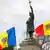 Statue with Moldovan flags