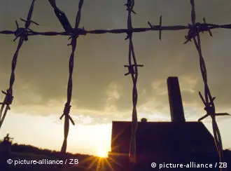 Buchenwald camp seen through barbed wire