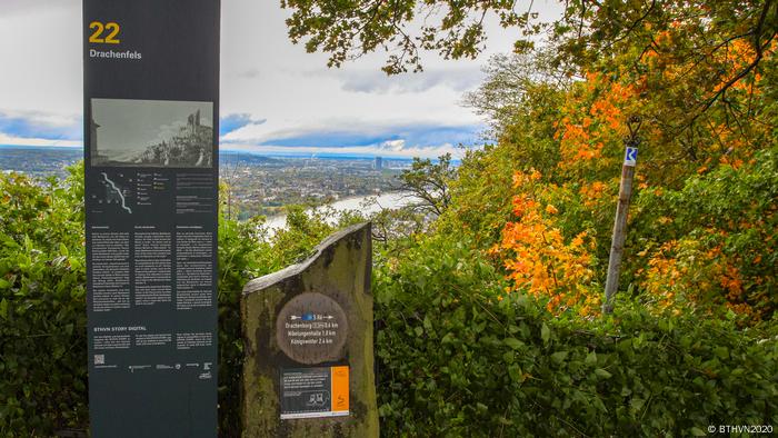 In autumn on the Drachenfels, with a view of a sign with descriptive information (BTHVN2020)