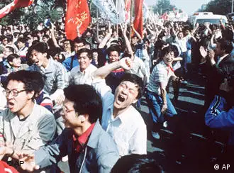 FILE -- Dissident student leader Wang Dan conducts a news conference in Beijing's Tien An Men Square May 27, 1989, during occupation of the square by students. In the latest of a series of arrests police took Wang into custody Sunday, May 21, 1995, a family member said. At least five dissidents have now been detained as authorities react to a resurgence in political activism ahead of the June 4 anniversary of the military crackdown that ended the 1989 Tiananmen Square democracy movement. (AP Photo/Mark Avery)