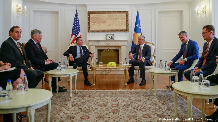 Kosovo President Hashim Thaci (center right) meeting US Ambassador Richard Grenell (center left)