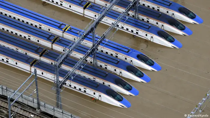 A Shinkansen bullet train rail yard is seen flooded due to heavy rains caused by Typhoon Hagibis in Nagano (Reuters/Kyodo)