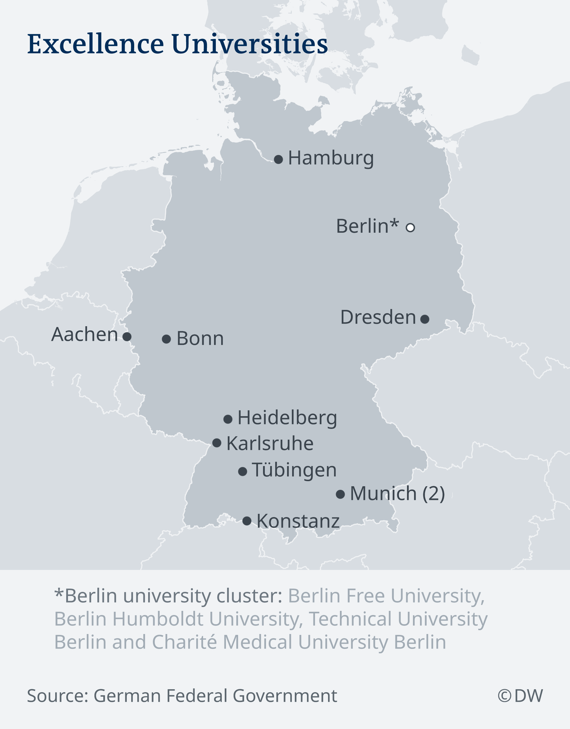 Map showing the excellence intitiative universities of Bonn