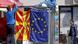 A street vendor fixes a North Macedonia flag next to an EU flag in a street in Skopje, North Macedonia A street vendor fixes a North Macedonia flag next to an EU flag in a street in Skopje, North Macedonia