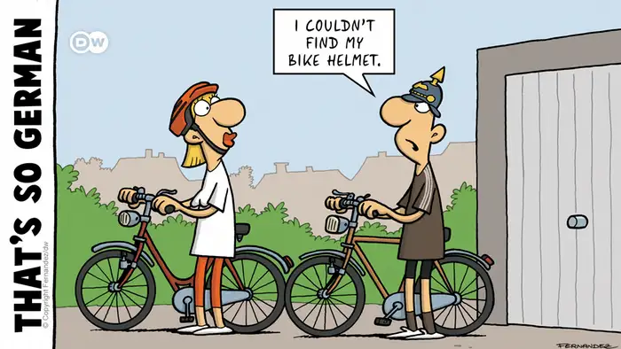 Fernandez cartoon That's so German Two cyclists, one with helmet and the other with aPickelhaube