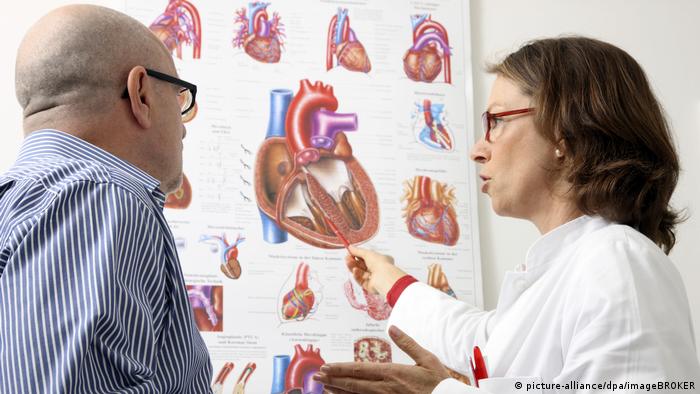 Symbolbild | Arztpraxis, Ärztin erklärt Patient die Funktionsweise und mögliche Erkrankungen des menschlichen Herzens (picture-alliance/dpa/imageBROKER)