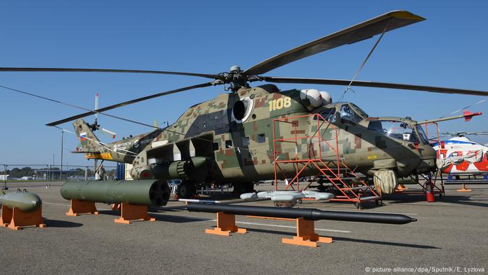 A Russian military helicopter on display at the Russia-Africa Summit in 2019