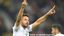 BREMEN, GERMANY - AUGUST 10: Claudio Pizarro of Bremen celebrates scoring the sixth goal during the DFB Cup first round match between Atlas Delmenhorst and SV Werder Bremen at Wohninvest Weserstadion on August 10, 2019 in Bremen, Germany. (Photo by Stuart Franklin/Bongarts/Getty Images)