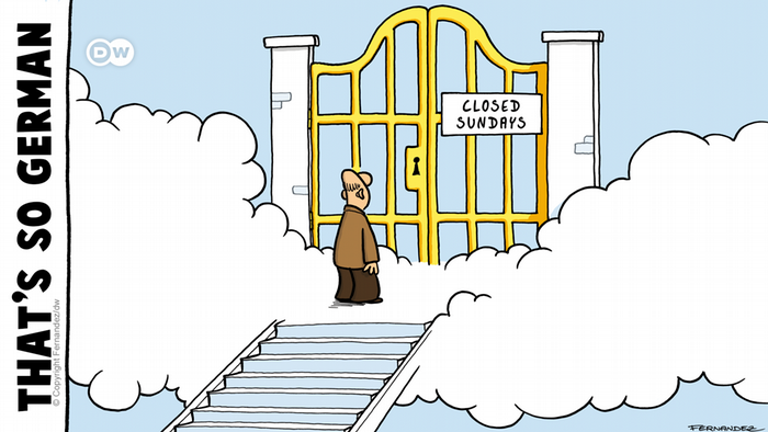 A cartoon by Fernandez shows a man standing before the gates of heaven which have a sign on them reading, 'Closed Sundays.'
