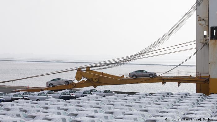 German cars waiting to be loaded on a boat at the port of Emden