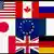 Zastave G8 zemalja: SAD-a, Kanade, Rusije, Japana, Francuske, Italije, Velike Britanije i Njemačke oko EU zastave.