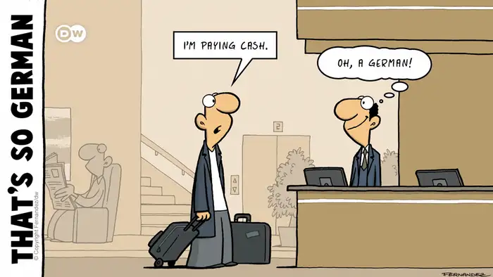 Fernandez cartoon: A man arriving at a hotel and being recognized as a German as he wants to pay cash