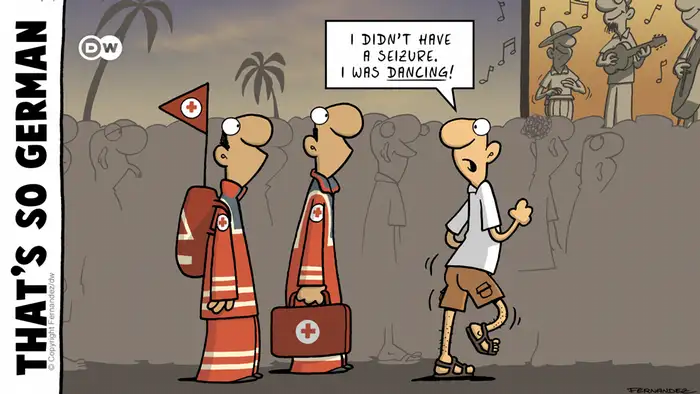 Cartoon, two paramedics and a man dancing