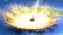 Chicxulub asteroid impact, illustration Asteroid impact. Illustration of a large asteroid colliding with Earth on the Yucatan Peninsula in Mexico. This impact is believed to have led to the death of the dinosaurs some 65 million years ago. The impact formed the Chicxulub crater, which is around 200 kilometres wide. The impact would have thrown trillions of tons of dust into the atmosphere, cooling the Earth s climate significantly, which may have been responsible for the mass extinction. A layer of iridium- rich rock, known as the K/pg boundary, is thought to be the remnants of the impact debris. PUBLICATIONxINxGERxSUIxHUNxONLY MARKxGARLICK/SCIENCExPHOTOxLIBRARY F022/1709