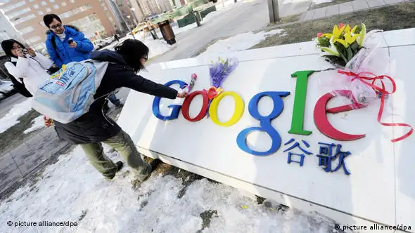 A young Chinese woman lays flowers on the logo of Google in front of the headquarters of Google China in Beijing, China, 13 January 2010. Googles threat to quit China over censorship and hacking intensified Sino-U.S. frictions on Wednesday (13 January 2010) as Washington said it had serious concerns and demanded an explanation from Beijing. China has not made any significant comment since Google, the worlds top search engine, said it would not abide by censorship and may shut its Chinese-language google.cn website because of attacks from China on human rights activists using its Gmail service and on dozens of companies. U.S. Commerce Secretary Gary Locke urged China to work with Google and other firms to ensure cyber security, calling the intrusion troubling to the U.S. government and American companies doing business in China