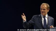 President of the European Council Donald Tusk speaks during the European Peoples Party (EPP) congress in Zagreb, Croatia, Wednesday, Nov. 20, 2019. Tusk was in Zagreb, the Croatian capital, for a meeting of the European People's Party, the main center-right bloc in the European Parliament.(AP Photo/Darko Vojinovic) |