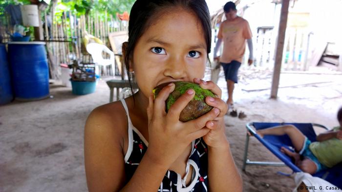 Variedad de alimentos de la Amazonía peruana: una niña come mango en la comunidad indígena de Santa Clara de Uchunya.