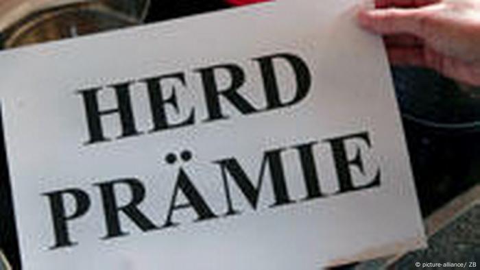 Jemand hält ein Schild mit dem Wort Herdprämie über einen Herd mit Töpfen (picture-alliance/ ZB)