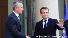 28.11.2019 *** NATO Secretary General Jens Stoltenberg, left is welcomed by French President Emmanuel Macron at the Elysee Palace in Paris, Thursday, Nov. 28, 2019. NATO chief Jens Stoltenberg is to meet in Paris with French President Emmanuel Macron, whose recent public statement that it is brain dead has shaken the military alliance. (AP Photo/Michel Euler)