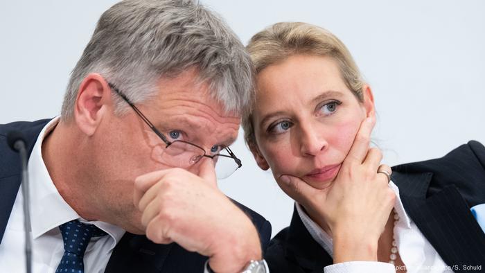 AfD's Meuthen and Weidel confer during a party summit in 2019 AfD's Meuthen and Weidel confer during a party summit in 2019