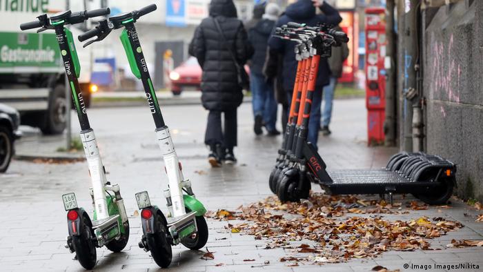 E-scooters waiting on the sidewalk in Hamburg