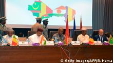 Ibrahim Boubacar Keïta(L), the President of Mali, Mahamadou Issoufou(2ndL), the President of Niger, Roch Marc Christian Kaboré(C), the President of Burkina Faso, Idriss Déby(2ndR), the President of Chad, and Mohamed Ould Cheikh Mohamed Ahmed Ould Ghazouani(R), the President of Mauritania, at the G5 Sahel summit in Niamey, on December 15, 2019. - Leaders of the G5 Sahel nations paid homage at the graves of 71 Niger military personnel killed in a jihadist attack on December 10, 2019, ahead of a regional summit to coordinate a response to the growing unrest. (Photo by Boureima HAMA / AFP) (Photo by BOUREIMA HAMA/AFP via Getty Images)