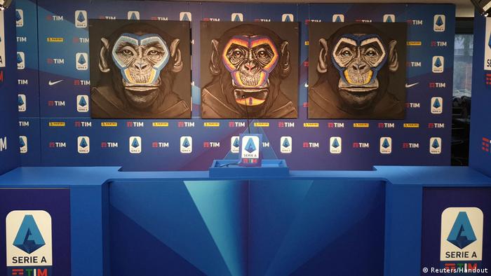 An anti-racism campaign artwork by Italian artist Simone Fugazzotto featuring three side-by-side paintings of monkeys