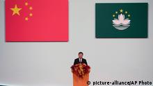 Chinese President Xi Jinping speaks during the inauguration ceremony in Macao, Friday, Dec. 20, 2019 to mark the 20th anniversary of the former Portuguese colony's handover to Chinese rule. Beijing loyalist Ho Iat Seng was inaugurated Friday as China's chief executive in the tiny gambling enclave of Macao, which unlike neighboring Hong Kong has remained free of pro-democracy protests. (AP Photo)
