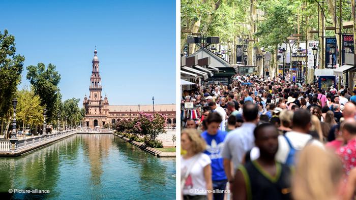 27 милиона души годишно посещават Барселона (вдясно). По централния булевард Рамблас туристите едва се разминават. Далеч по-спокойно е в Севиля (вляво), която също е приказно красива. Кралският дворец Алказар е само една от впечатляващите забележителности на андалуския град.