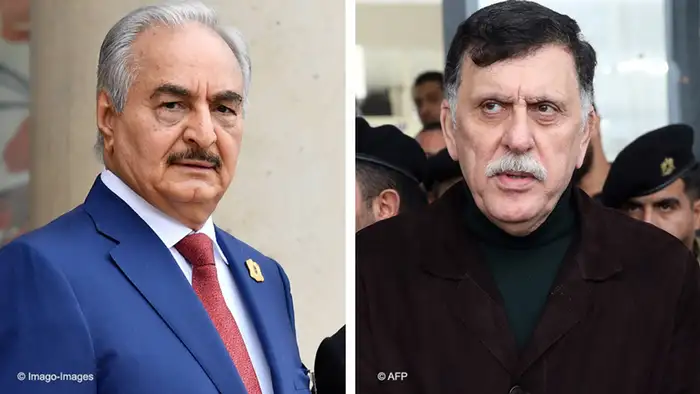 土耳其支持受到联合国承认的利比亚民族团结政府总理萨拉杰（Fajis al-Sarradsch）（右），但俄罗斯、埃及和阿联酋支持叛军将领哈夫塔尔（Chalifa Haftar）（左）在图卜鲁格成立的政权。