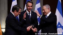 Cypriot President Nicos Anastasiades, Greek Prime Minister Kyriakos Mitsotakis and Israeli Prime Minister Benjamin Netanyahu pose for a photo before signing a deal to build the EastMed subsea pipeline to carry natural gas from the eastern Mediterranean to Europe, at the Zappeion Hall in Athens, Greece, January 2, 2020. REUTERS/Alkis Konstantinidis