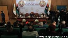 The Libyan House of Representatives (HOR) holds an emergency session in the eastern Libyan city of Benghazi on January 4, 2020 to discuss Turkey's prospective military intervention in support of the UN-recognised Tripoli-based government . - Libya's elected parliament in the east is allied with military strongman Khalifa Haftar, who is at war with the Tripoli-based GNA, headed by Fayez al-Sarraj. (Photo by Abdullah DOMA / AFP) (Photo by ABDULLAH DOMA/AFP via Getty Images)