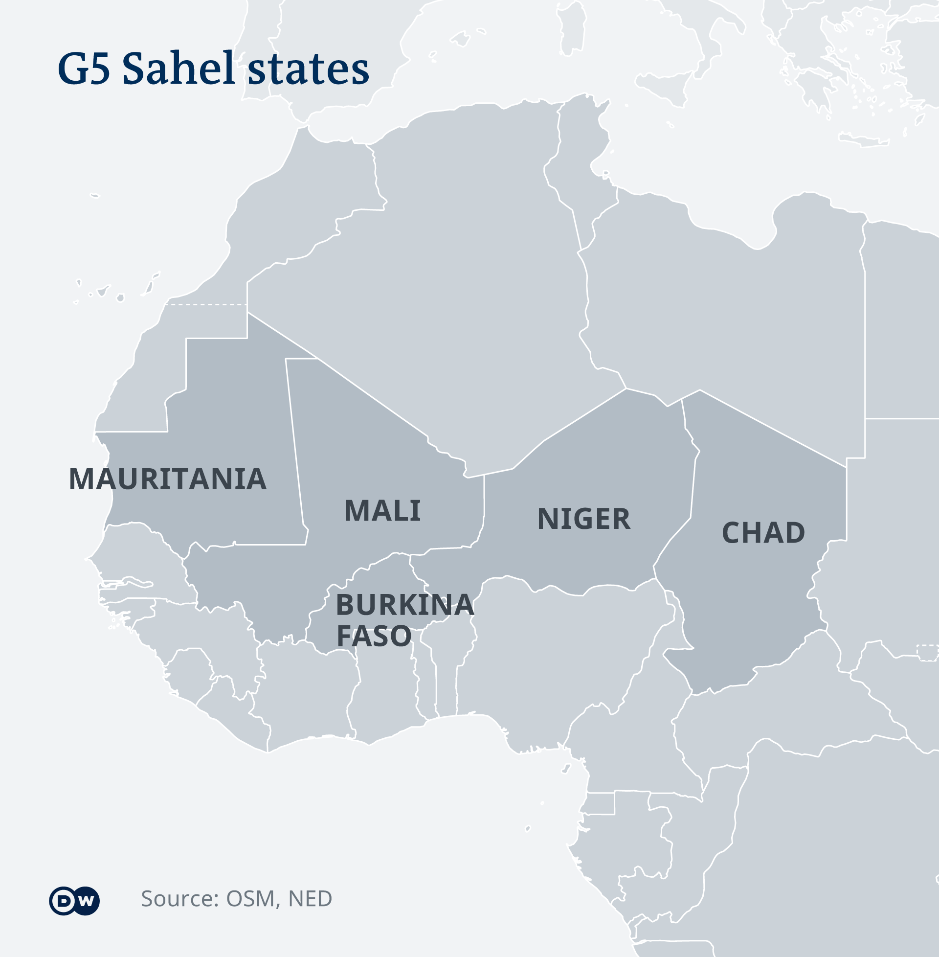 Map showing the G5 states of Mauritania, Mali, Niger, Chad and Burkina Faso