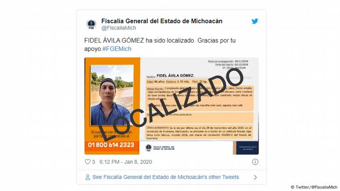 Captura de pantalla del Twitter de la Fiscalía General del Estado de Michoacán sobre Fidel Ávila Gómez.