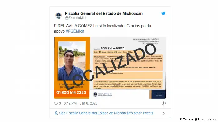 Captura de pantalla del Twitter de la Fiscalía General del Estado de Michoacán sobre Fidel Ávila Gómez.
