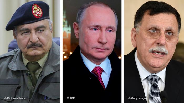 Kombibild - Putin, Khalifa Haftar, Fajis al-Sarradsch