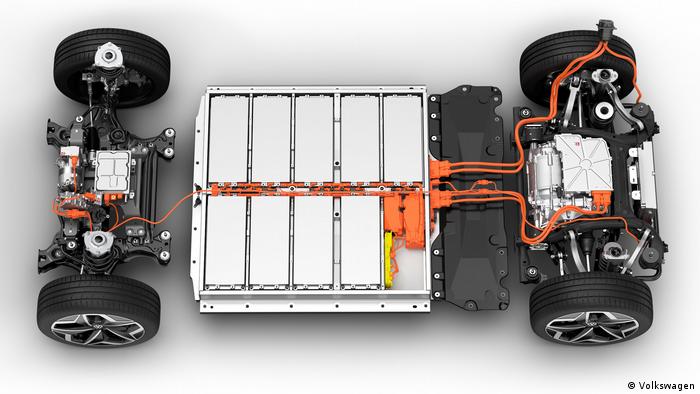 A picture showing the chasis of an electric vehicle with a big battery sitting in the middle betweeen the two axis